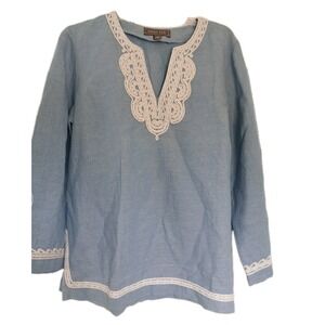 Point Sur J.Crew Chambray linen tunic top Coastal Resortware Embellished Blue L